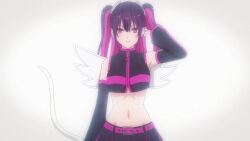 2.5_jigen_no_ririsa 4girls amano_ririsa angel_wings animated anime_screenshot belt black_hair black_panties black_thighhighs blonde_hair blue_eyes blue_hair blue_skirt blue_thighhighs bouncing_breasts breasts cleavage cleavage_cutout clothing_cutout cosplay crop_top crop_top_overhang cross_hair_ornament detached_sleeves fake_wings garter_straps gradient_hair hair_between_eyes hair_ornament highres kisaki_aria large_breasts liliel_(2.5_jigen_no_ririsa) long_hair long_sleeves looking_at_viewer miniskirt multicolored_hair multicolored_skirt multiple_girls navel noa_(2.5_jigen_no_ririsa) one_eye_closed panties pink_eyes pink_garter_straps pink_hair pink_skirt pink_thighhighs red_eyes red_hair short_hair skirt small_breasts smile sound stomach tachibana_mikari tagme thighhighs thighs two-tone_hair two-tone_skirt two-tone_thighhighs underwear video walking white_garter_straps white_skirt white_thighhighs wide_hips wings wink zipper zipper_pull_tab