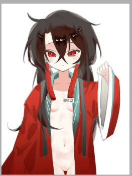 1girl art_program_in_frame black_hair breasts closed_mouth cowboy_shot crossed_bangs curtained_hair double-parted_bangs earrings expressionless genderswap genderswap_(mtf) groin hair_between_eyes hand_up highres jacket jewelry light_blush loli long_hair looking_at_viewer low_twintails naked_jacket navel no_bra no_panties open_clothes open_jacket oversized_jacket red_eyes red_jacket shishilu side_ahoge simple_background small_breasts solo straight-on tassel tassel_earrings tsurime twintails white_background wide_sleeves wo_bu_shi_xi_shen