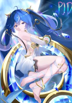 >:) 1girl absurdres ahoge anklet arm_wrap armpit_crease artist_name bare_shoulders barefoot black_skirt blue_eyes blue_hair blue_pupils brown_nails chinese_commentary closed_mouth commentary_request crystal double-parted_bangs floating from_side full_body glint gold_anklet gold_wrist_cuffs greco-roman_clothes hair_belt hair_ornament hand_up highres iuno_(wuthering_waves) jewelry laurel_crown leg_wrap legs legs_folded long_hair looking_at_viewer looking_to_the_side making-of_available miniskirt moon multicolored_hair night nose_shade o-ring outdoors own_hands_together pjd_(95369666927) skirt smile solo streaked_hair toenails turning_head twintails two_side_up v-shaped_eyebrows white_skirt white_streaks wuthering_waves