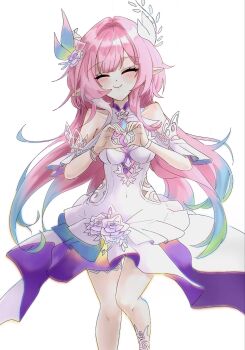 1girl aqua_hair bare_shoulders breasts clothing_cutout commentary_request cyrene_(honkai:_star_rail) cyrene_(ripples_of_past_reverie)_(honkai:_star_rail) dress flower gradient_hair hair_flower hair_ornament halo harukawa_ritsu heart heart_hands highres honkai:_star_rail honkai_(series) korean_commentary large_breasts long_hair multicolored_hair pink_hair pointy_ears side_cutout simple_background smile solo thighs very_long_hair white_background white_dress white_hair