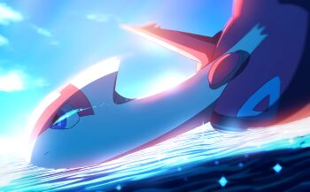 blue_eyes blue_sky closed_mouth commentary day english_commentary eye_trail flying gen_3_pokemon highres latias legendary_pokemon light_trail nintendo no_humans outdoors pokemon pokemon_(creature) pokemon_focus pokevy1 sky solo water