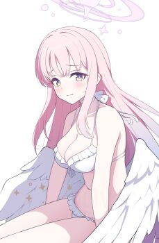 1girl bare_shoulders bikini blue_archive blue_hair blush breasts choker cleavage closed_mouth collarbone commentary feathered_wings frilled_bikini frills from_side furrowed_brow gradient_hair hair_down halo highres large_breasts long_hair looking_at_viewer loose_hair_strand low_wings mika_(blue_archive) mika_(swimsuit)_(blue_archive) multicolored_hair navel official_alternate_costume official_alternate_hairstyle pink_hair pink_halo sidelocks simple_background sitting smile solo straight_hair swimsuit thighs thong_bikini vec_ka very_long_hair white_background white_bikini white_choker white_wings wing_ornament wings yellow_eyes