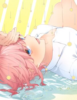 1girl absurdres blue_eyes breasts collarbone collared_shirt commentary_request go-toubun_no_hanayome hand_on_own_forehead highres knees_up looking_at_viewer medium_breasts messy_hair mojyu_saico nakano_ichika open_mouth pink_hair puddle rain shirt short_hair water white_shirt