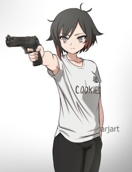 1girl 2024_summer_olympics :| aiming antenna_hair ar_jart arm_at_side artist_name black_hair black_pants breasts closed_mouth clothes_writing collarbone cosplay expressionless eyelashes finger_on_trigger gradient_hair grey_eyes gun hand_in_pocket holding holding_gun holding_weapon multicolored_hair olympics outstretched_arm pants red_hair ruby_rose rwby serious shirt short_hair short_sleeves simple_background single_sidelock small_breasts solo swept_bangs t-shirt two-tone_hair weapon weapon_request white_background white_shirt yusuf_dikec yusuf_dikec_(cosplay) yusuf_dikec_(meme)
