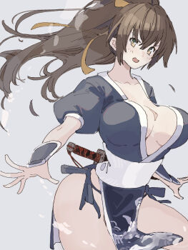 Rule 34 | 1girl, angry, breasts, brown hair, cleavage, dead or alive, kasumi (doa), large breasts, long hair, looking at viewer, ninja, ooiwa (irc14786149), pelvic curtain, ponytail, short sleeves, sword, weapon, wide hips