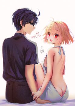 Rule 34 | 1boy, 1girl, :d, ahoge, alternate costume, arcueid brunestud, aro 1801, ass, backless dress, backless outfit, bare back, bare legs, black hair, black pants, blonde hair, blue shirt, blush, breasts, butt crack, dress, glasses, grey dress, hair between eyes, hair intakes, hand on another's arm, highres, huge breasts, legs, looking at viewer, looking back, open mouth, pants, red eyes, shirt, short hair, sideboob, sidelocks, sitting, smile, teeth, tohno shiki, tsukihime, tsukihime (remake), upper teeth only, virgin killer sweater