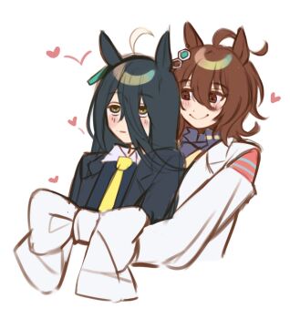 agnes_tachyon_(umamusume) ahoge black_hair black_shirt blush brown_hair capelet collared_shirt contrast_collar highres hug hug_from_behind lab_coat long_hair manhattan_cafe_(umamusume) medium_hair mujintou_png multicolored_hair necktie shirt simple_background sleeves_past_fingers sleeves_past_wrists sleeves_tied_together umamusume white_background white_capelet white_hair yellow_necktie yuri