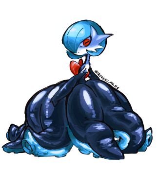 1girl :| alternate_color alternate_species artist_name backless_dress backless_outfit bare_shoulders black_gloves blue_hair bob_cut closed_mouth colored_skin dress elbow_gloves expressionless female_focus flat_chest from_side full_body gardevoir gen_3_pokemon gloves hair_over_one_eye horizontal_pupils iroai-chan living_clothes long_dress looking_at_viewer mega_gardevoir mega_pokemon nintendo one_eye_covered pokemon pokemon_(creature) red_eyes shiny_pokemon short_hair signature simple_background solo standing strapless strapless_dress suction_cups twitter_username white_background white_skin