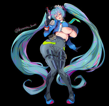 1girl alternate_breast_size_(larger) aqua_hair areola_slip ass black_background blue_eyes blue_jacket breasts collared_shirt cosplay fang full_body gun hair_between_eyes hair_ornament hatsune_miku highres holding holding_gun holding_weapon housou-kun huge_ass huge_breasts jacket long_hair looking_at_viewer necktie no_bra open_mouth police police_uniform policewoman shirt simple_background solo tight_clothes twintails twitter_username underboob undersized_clothes very_long_hair vocaloid weapon zenless_zone_zero zhu_yuan zhu_yuan_(cosplay)