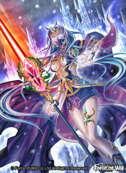 1girl blue_eyes blue_hair cape castle center_opening copyright_name female_focus force_of_will gem glowing glowing_eyes ice jewelry long_hair mask multicolored_hair nagasaki_yuko official_art purple_hair solo staff two-tone_hair upper_body