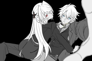 1boy 1girl acheron_(honkai:_star_rail) alternate_costume antenna_hair black_background blue_eyes buttons chinese_commentary choker close-up coat commentary_request formal_clothes hair_ornament hair_over_one_eye hetero honkai:_star_rail honkai_(series) long_hair miaomiaomiao54212 monochrome necktie pants phainon_(honkai:_star_rail) red_eyes shirt short_hair sitting sitting_on_lap sitting_on_person skirt straddling suit very_long_hair white_hair