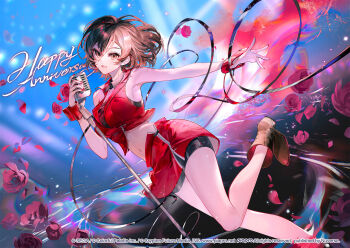 1girl :d boots breasts brown_boots brown_eyes brown_hair chinese_commentary commentary_request company_name copyright_notice cropped_jacket fingernails flower guest_art hair_between_eyes happy_anniversary highres holding holding_microphone jacket large_breasts leg_up lower_teeth_only meiko_(vocaloid) microphone miniskirt nail_polish official_art open_mouth petals project_sekai red_flower red_jacket red_nails red_skirt red_wrist_cuffs rumoon second-party_source skirt smile solo teeth tongue vocaloid webpage wrist_cuffs