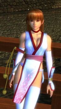 Rule 34 | 1girl, 3d, bare shoulders, breasts, brown eyes, brown hair, cleavage, dead or alive, dead or alive 3, detached sleeves, elbow gloves, female focus, fingerless gloves, gloves, kasumi (doa), large breasts, long hair, looking at viewer, official art, pelvic curtain, revealing clothes, sideboob, solo, thighhighs, underwear, white thighhighs