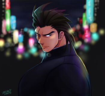 Rule 34 | 1boy, black hair, blue eyes, city lights, gakuran, highres, justice gakuen, kazama daigo, male focus, misodiru, muscular, muscular male, night, one eye closed, outdoors, scar, scar across eye, scar on face, school uniform, shiritsu justice gakuen, solo, spiked hair, upper body