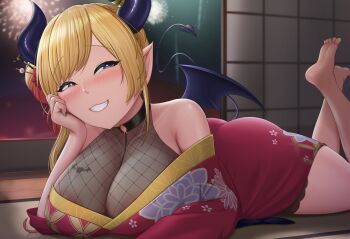 1girl absurdres ass bare_shoulders barefoot black_horns black_tail black_wings blurry blush bodystocking breast_tattoo breasts commentary demon_girl demon_horns demon_tail demon_wings english_commentary fireworks fishnet_bodystocking fishnets highres hololive horns huge_breasts japanese_clothes kimono lafxia lying night off_shoulder on_stomach parted_lips red_kimono smile solo tail tattoo virtual_youtuber winged_heart winged_heart_tattoo wings yuzuki_choco