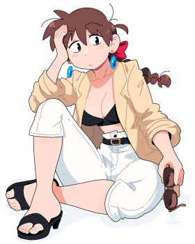 1girl belt belt_buckle black_belt black_bra black_sandals bow bra braid breasts brown_hair buckle choppy_bangs closed_mouth commentary_request earrings expressionless floating_earrings frown full_body hair_bow hand_on_own_face hand_up high_heel_sandals high_heels highres holding holding_removed_eyewear isabelle_(scott_malin) jacket jewelry knee_up lapels large_breasts long_hair looking_at_viewer no_shoes notched_lapels open_clothes open_jacket original pants red_bow sandals scott_malin simple_background single_braid sitting solo sunglasses three-quarter_sleeves underwear unworn_eyewear white_background white_pants yellow_jacket