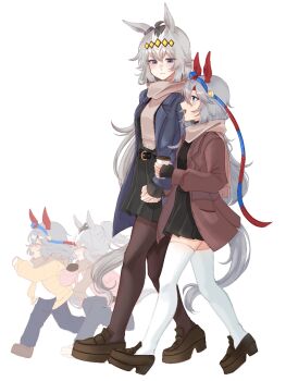 2girls age_progression ahoge animal_ears black_skirt blue_coat blue_eyes blue_hairband blush brown_coat brown_scarf closed_mouth coat commentary_request cup disposable_cup ear_covers grey_hair grey_tail hair_between_eyes hair_ornament hairband headband holding horse_ears horse_girl horse_tail koppiaa long_hair long_sleeves multicolored_hair multicolored_hairband multiple_girls oguri_cap_(umamusume) open_clothes open_coat open_mouth pants pantyhose pink_coat pleated_skirt red_headband scarf shirt simple_background skirt smile striped_clothes striped_hairband sweater tail tamamo_cross_(umamusume) thighhighs two-tone_hairband umamusume white_background white_pantyhose white_thighhighs yellow_coat