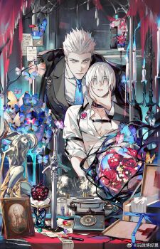 Rule 34 | 2boys, artist request, bishounen, blue butterfly, blue eyes, brothers, bug, butterfly, candlestand, chain, chain necklace, check artist, coat, cumcmn, dante (devil may cry), desk, devil may cry, devil may cry (series), devil may cry 3, eva (devil may cry), glowing butterfly, hair slicked back, highres, insect, jacket, jewelry, long hair, looking at viewer, male focus, multiple boys, necklace, necktie, open clothes, open shirt, petals, photo (object), picture frame, rebellion (sword), shirt, siblings, sleeves rolled up, smile, statue, too many, too many butterflies, too many flowers, vergil (devil may cry), white hair, white shirt