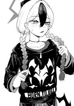 1girl alternate_hairstyle blue_archive blush braid collarbone commentary_request demon_horns demon_wings hair_between_eyes highres holding_own_hair hood hood_down hoodie horns kayoko_(blue_archive) long_sleeves low_twin_braids mole mole_on_collarbone multicolored_hair open_mouth simple_background single_wing solo twin_braids two-tone_hair white_background wings y4mori_gekko