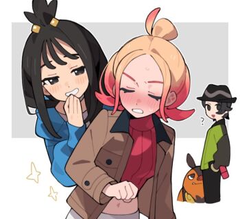 1boy 2girls black_eyes black_hair black_hat blonde_hair blue_shirt blush closed_eyes gen_5_pokemon gradient_hair hat jacket lida_(pokemon) multicolored_hair multiple_girls navel nintendo open_clothes open_jacket paxton_(pokemon) pekaso1118n pignite pokemon pokemon_legends:_z-a red_hair shirt sweater taunie_(pokemon)