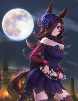 1girl absurdres animal_ears artist_name bare_shoulders blue_flower blue_rose breasts brown_hair commentary dagger dress english_commentary engrish_commentary fascinator flipped_hair flower full_moon hair_over_one_eye hat hat_flower highres holding holding_dagger holding_knife holding_weapon horse_ears horse_girl knife long_hair long_sleeves looking_at_viewer matsel_arts medium_breasts moon off-shoulder_dress off_shoulder purple_eyes rice_shower_(rosy_dreams)_(umamusume) rice_shower_(umamusume) rose sheath solo tilted_headwear umamusume unsheathing weapon