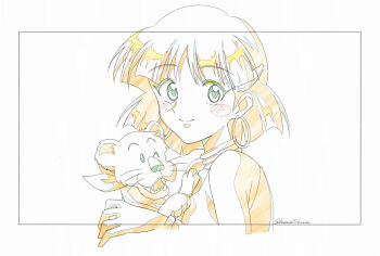 1girl animal artist_name bandana black_border blush_stickers bob_cut border bracelet close-up closed_mouth color_trace commentary cropped_torso earrings from_side fushigi_no_umi_no_nadia hair_ornament hairclip holding holding_animal hoop_earrings jewelry king_(nadia) kuuma25_kuma light_smile lion lion_cub looking_at_viewer looking_to_the_side nadia_la_arwall neck_ring one_eye_closed outside_border portrait short_hair signature simple_background smile solo trim_marks twitter_username unfinished vest white_background