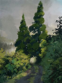 aosi_kiseru commentary_request day fog foliage green_theme highres nature no_humans original outdoors path road scenery tree