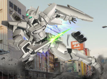 Rule 34 | aqua eyes, building, commentary request, dust cloud, g bouncer, glowing, glowing eyes, gundam, gundam age, hiropon (tasogare no puu), holding, holding sword, holding weapon, mecha, mobile suit, no humans, outdoors, robot, science fiction, shield, solo, sword, thrusters, weapon