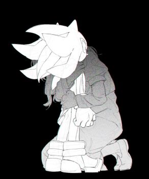 1boy 1girl arms_at_sides bac0n_pancakes bad_id bad_pixiv_id dress film_grain from_behind full_body furry furry_male greyscale hug kneeling layered_sleeves long_hair long_sleeves maria_robotnik monochrome puffy_short_sleeves puffy_sleeves shadow_the_hedgehog shoes short_over_long_sleeves short_sleeves simple_background sketch sonic_(series) wide-eyed