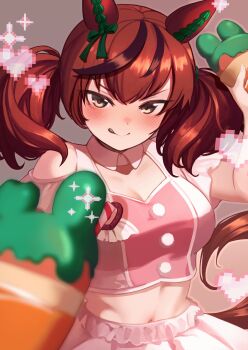 1girl :q animal_ears bare_shoulders black_streaks blush bow breasts brown_eyes brown_hair brown_tail cleavage clothing_cutout ear_covers ear_ribbon green_ribbon grey_background heart highres horse_ears horse_girl horse_tail hoshikuzu_kizuna_(kizuna_stardust) layered_skirt looking_at_viewer medium_breasts medium_hair meni_shuki_rush-sshu! midriff multicolored_hair navel nice_nature_(umamusume) pink_shirt pink_skirt ribbon shirt shoulder_cutout simple_background skirt smile solo streaked_hair tail tongue tongue_out umamusume