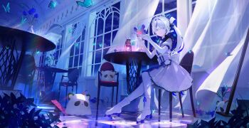 Rule 34 | 1girl, absurdres, ahoge, aokumo rin, arched window, blue eyes, blue flower, blue sky, blue theme, blue tulip, bug, butterfly, chair, closed mouth, clrawing, commentary request, creature, cup, curtains, dress, expressionless, floating curtains, flower, frilled dress, frills, from side, full body, glass plate, grey hair, hair intakes, hands up, highres, holding, holding plate, indoors, insect, korean commentary, kurimi (aokumo rin), long hair, looking at viewer, looking to the side, maid headdress, multicolored hair, on chair, pantyhose, parted bangs, plate, puffy short sleeves, puffy sleeves, roller skates, shoes, short sleeves, side ponytail, sitting, skates, sky, solo, star (sky), stellive, streaked hair, tile floor, tiles, tulip, turning head, vase, virtual youtuber, white dress, white pantyhose, white shoes, window