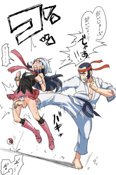 1boy 1girl bandana black_belt_(pokemon) black_hair black_shirt black_socks boots commentary_request cunt_busting cunt_punt dawn_(pokemon) dougi full_body headband kicking motion_lines nintendo open_mouth panties pink_boots poke_ball poke_ball_(basic) pokemon pokemon_dppt pokemon_xy red_headband red_scarf ryona scarf shirt socks sound_effects sweatdrop tears teeth tororonoyama translation_request underwear white_background white_bandana white_panties