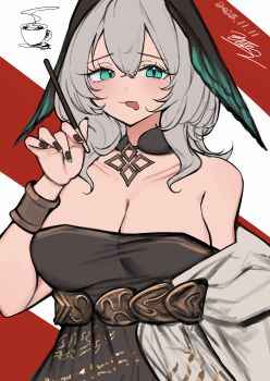 Rule 34 | 1girl, 360 (taiyo360), :p, absurdres, arknights, bare shoulders, black dress, black nails, black wings, breasts, cleavage, closed mouth, collarbone, commentary request, dated, dress, feathered wings, food, green eyes, green wings, grey hair, hair between eyes, hand up, head wings, highres, ho'olheyak (arknights), holding, holding food, large breasts, looking at viewer, nail polish, pocky day, red background, signature, smile, solo, strapless, strapless dress, tongue, tongue out, two-tone background, white background, wings
