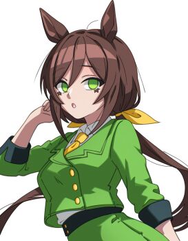 1girl absurdres animal_ears bow brown_hair buttons commentary double-breasted english_commentary formal_clothes ghuler green_eyes green_jacket hair_between_eyes hat hayakawa_tazuna highres horse_ears horse_girl jacket long_hair long_sleeves necktie no_headwear ponytail shirt skirt skirt_suit solo split_ponytail suit umamusume upper_body yellow_necktie