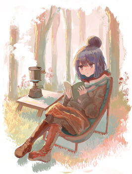 1girl absurdres backpacking_stove blue_hair book boots camping camping_chair chair commentary_request folding_chair forest grass hair_bun highres holding holding_book knee_boots minamisuwari multicolored_scarf nature open_book outdoors portable_stove purple_eyes reading scarf shima_rin single_hair_bun sitting solo steam tree yurucamp