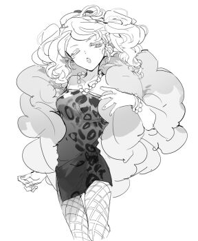 1girl ahoge animal_print bad_id bad_twitter_id bead_necklace beads bodycon bracelet breasts cheesecake_cookie cookie_run cookie_run:_ovenbreak curly_hair dress eyeshadow fishnet_pantyhose fishnets greyscale gyaru hat humanization inactive_account jewelry leopard_print makeup medium_breasts mole mole_under_eye monochrome nana_(ebitokanimiso) necklace one_eye_closed onee_gyaru open_mouth painttool_sai_(medium) pantyhose print_dress short_hair short_twintails simple_background sketch solo strapless strapless_dress twintails white_background