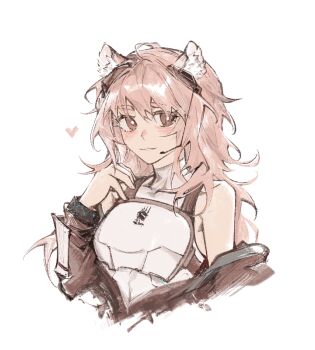 1girl animal_ear_fluff animal_ears arknights armor bare_shoulders bright_pupils brown_eyes brown_jacket chinese_commentary closed_mouth commentary_request cropped_torso gravel_(arknights) hair_between_eyes haishen_miwang_de_jiyi heart infection_monitor_(arknights) jacket kazimierz_logo light_smile long_hair long_sleeves looking_at_viewer off_shoulder pink_hair simple_background sleeveless solo turtleneck white_background white_pupils