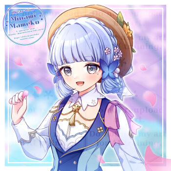 1girl ayaka_(genshin_impact) blue_hair blunt_tresses blush commentary_request falling_petals genshin_impact grey_eyes hand_up hat highres kamisato_ayaka kamisato_ayaka_(springbloom_missive) long_sleeves looking_at_viewer mameko_minami mole mole_under_eye official_alternate_costume open_mouth petals sidelocks solo upper_body watermark