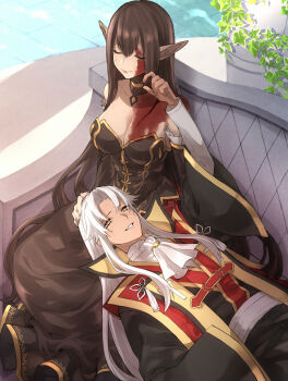 1boy 1girl amakusa_shirou_(fate) amakusa_shirou_(third_ascension)_(fate) bench black_dress black_hair blood blood_on_breasts blood_on_face breasts cleavage commentary_request dark-skinned_male dark_skin dress fate/apocrypha fate_(series) hand_on_another&#039;s_head highres japanese_clothes lap_pillow large_breasts long_dress long_hair pointy_ears semiramis_(fate) sidelocks sitting tofu_(bean359) very_long_hair white_hair wide_sleeves yellow_eyes