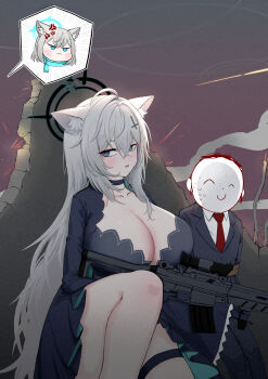 1boy 2girls anger_vein animal_ear_fluff animal_ears doodle_sensei_(blue_archive) assault_rifle black_dress black_gloves blue_archive blue_eyes blue_scarf bound breasts broken_halo broken_wall business_suit choker collarbone collared_shirt commentary_request cross_hair_ornament dress facing_away finger_on_trigger formal_clothes gloves grey_eyes grey_hair gun hair_between_eyes hair_ornament halo highres holding holding_gun holding_weapon hostage knee_up large_breasts long_hair long_sleeves looking_away looking_back medium_hair mismatched_pupils multiple_girls necktie parted_lips rifle rope scarf school_uniform sensei_(blue_archive) shiroko_(blue_archive) shiroko_terror_(blue_archive) shirt sidelocks sig_sauer_556 sitting spoken_character spoken_expression suit sweat nervous_sweating taking_cover thigh_strap tied_up_(nonsexual) weapon wide_sleeves wolf_ears wolf_girl yosik