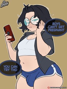 1boy belly black_hair black_shirt blue_shorts bready_(srbready) brown_background brown_eyes bulge cellphone closed_mouth commentary cowboy_shot crop_top dolphin_shorts english_commentary english_text glasses hand_on_own_cheek hand_on_own_face highres holding holding_phone looking_at_viewer male_focus mole mole_above_mouth mole_on_stomach mole_under_mouth multiple_moles narrowed_eyes navel open_clothes open_shirt original phone plump pout round_eyewear shirt short_hair short_shorts shorts simple_background smartphone solo speech_bubble srbready stomach talking trap