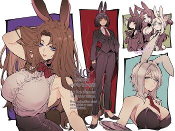 09wave_hb 3girls animal_ears arm_up armpits bare_arms black_hair black_jacket black_suit blue_eyes book bow bowtie cigarette faust_(project_moon) formal_clothes highres holding holding_book holding_cigarette holding_tray jacket lapels limbus_company looking_at_viewer multiple_girls notched_lapels parted_bangs parted_lips project_moon rabbit_ears rabbit_girl rabbit_tail red_bow red_bowtie red_eyes rodion_(project_moon) ryoshu_(project_moon) shirt short_hair sleeveless sleeveless_shirt smile smoke smoking suit tail tray white_hair