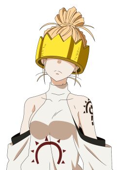1girl blonde_hair breasts collarbone covering_own_eyes crop_top crown en&#039;en_no_shouboutai haumea highres medium_breasts quelcom shoulder_tattoo sleeveless solo tattoo turtleneck