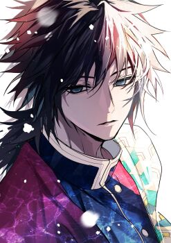 Rule 34 | 1boy, black hair, black jacket, blue eyes, buttons, demon slayer uniform, hair between eyes, haori, hashtag-only commentary, highres, jacket, japanese clothes, kimetsu no yaiba, long hair, low ponytail, male focus, mushroomuaa, ponytail, print haori, snow, snowing, solo, tomioka giyuu, upper body, white background