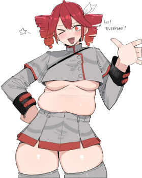 1girl :d belly breasts commentary drill_hair fang fat fat_woman hands_on_own_hips highres kasane_teto medium_breasts muffin_top ohasi one_eye_closed open_mouth pleated_skirt plump red_hair simple_background skin_fang skirt smile symbol-only_commentary thick_thighs thighhighs thighs twin_drills underboob utau white_background zettai_ryouiki