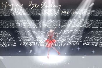 1girl arm_up back_bow black_bow black_gloves boots bow brown_hair commentary_request dated dress elbow_gloves frilled_dress frills from_behind fujishima_megumi gloves glowstick happy_birthday highres kurokawa_aki light_particles link!_like!_love_live! love_live! penlight_(glowstick) red_boots red_dress solo sparkle spotlight stage two_side_up virtual_youtuber wide_shot zenhoi_kyun