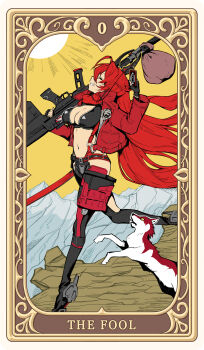 1girl anti-materiel_rifle barrett_m82a2 belt black_jacket black_leggings border breasts bullpup card_(medium) cassette_player cleavage cliff closed_eyes clothing_cutout commentary_request cropped_jacket crotch_plate diffraction_spikes fingerless_gloves from_side gloves goddess_of_victory:_nikke grin gun hands_up highres hip_vent holding holding_gun holding_weapon horns jacket large_breasts leather leather_jacket leggings long_hair long_sleeves mechanical_horns midriff mountainous_horizon navel open_clothes open_jacket outdoors pouch red_hair red_hood_(nikke) red_jacket red_scarf rifle sack scarf sky slit_pupils smile sniper_rifle standing standing_on_one_leg sun suspenders syope tarot the_fool_(tarot) thigh_cutout unzipped very_long_hair weapon wolf yellow_sky