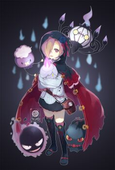 Rule 34 | 10s, 1girl, alternate costume, animal, bag, belt, black background, black footwear, black skirt, blonde hair, blue flower, blue rose, boots, bow, brown belt, cape, capelet, chandelure, coffin, cross-laced footwear, crossover, drifloon, flower, full body, gastly, gen 1 pokemon, gen 2 pokemon, gen 4 pokemon, gen 5 pokemon, gradient background, hair over one eye, hitodama, holding, holding animal, hood, idolmaster, idolmaster cinderella girls, lace, lace-trimmed skirt, lace trim, litwick, logo, long sleeves, miniskirt, misdreavus, nintendo, open mouth, pinstripe pattern, pokemon, pokemon (creature), pokemon team, red bow, red cape, red eyes, red thighhighs, rose, shirasaka koume, shirt, short eyebrows, short hair, silltare, skirt, skull, sleeves past wrists, standing, striped clothes, striped shirt, striped thighhighs, thigh boots, thighhighs, vertical-striped clothes, vertical-striped thighhighs, zettai ryouiki