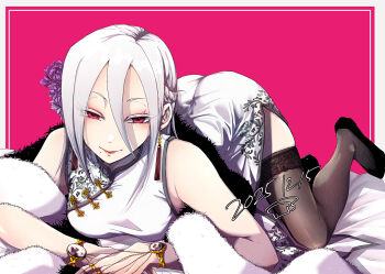 Rule 34 | 1girl, a.k.i. (street fighter), atgrbread, china dress, chinese clothes, commentary request, dress, earrings, flats, flower, hair between eyes, hair flower, hair ornament, jewelry, mole, mole under mouth, plant print, red eyes, red lips, side slit, smile, solo, street fighter, street fighter 6, tassel, tassel earrings, thighhighs, white dress, white hair