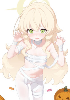 1girl absurdres bandaged_arm bandaged_leg bandaged_neck bandaged_wrist bandages blonde_hair blue_archive blush candy claw_pose cosplay dot_nose embarrassed fang flat_chest food furrowed_brow green_eyes hair_between_eyes halloween halloween_costume halo hands_up highres jack-o&#039;-lantern jiuchong_ying_fengxue loli long_hair long_sidelocks looking_at_viewer mummy_costume navel open_mouth pantyhose professor_niyaniya_(blue_archive) pumpkin sidelocks simple_background solo standing thighs very_long_hair wavy_hair white_background white_pantyhose yellow_halo